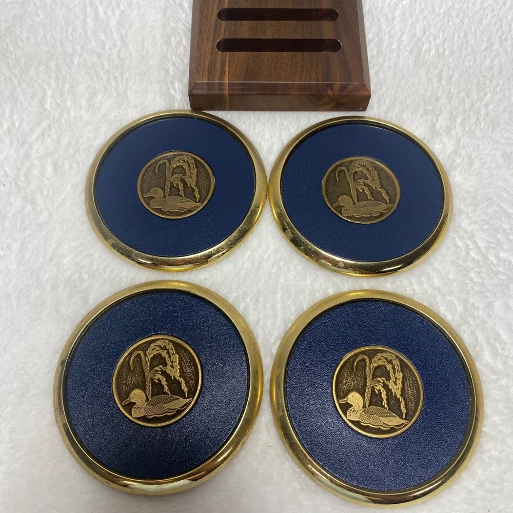 Vintage Duck Coasters Brass Wood Coaster Set of 4 Wooden Holder Man Cave‎ Bar
